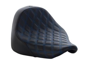 Comfortable motorcycle seat with black leather and blue stitching for Revelry Motorcycles.