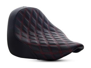 Vegan black motorcycle seat with red stitching for cruiser bikes and Revelry Motorcycles.