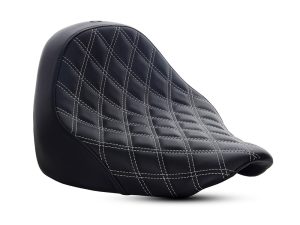 Stylish black quilted leather motorcycle seat for comfort and style.