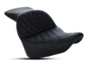 Luxurious black quilted motorcycle seat with comfortable padding, ideal for adventure riding.
