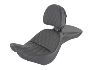 High-quality quilted motorcycle passenger seat with backrest, perfect for Revelry Motorcycles.