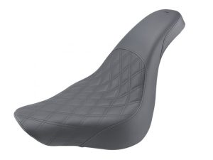 Leather motorcycle seat with diamond stitching for Harley Davidson bikes, comfortable and stylish ride.