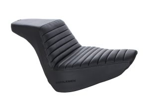Motorcycle passenger seat with black leather upholstery for Revelry Motorcycles.