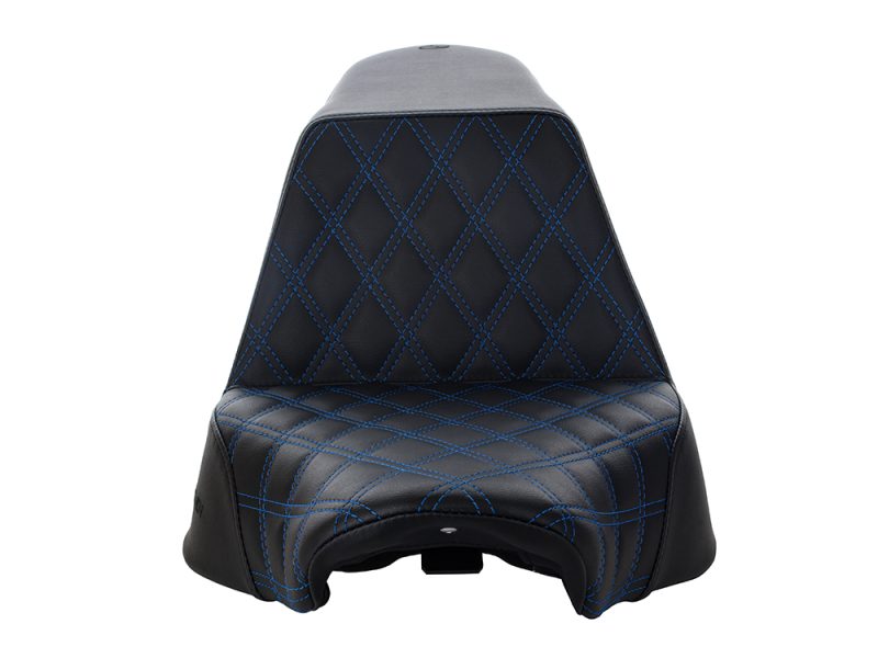 Vespa-inspired motorcycle seat with black and blue quilted design, perfect for custom cruisers.