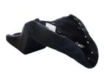 High-quality black motorcycle seat with blue stitching for Revelry custom bikes.