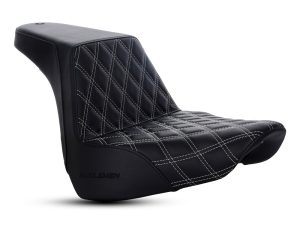 Unique black leather motorcycle seat with diamond stitching for custom cruiser bikes.