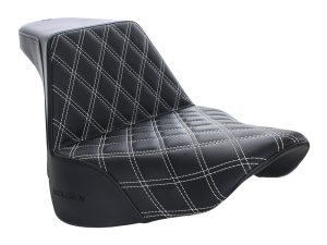 Leather motorcycle seat with diamond stitch design, compatible with Revelry Motorcycles.