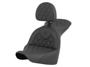 Quilted motorcycle seat with backrest for comfort and style.