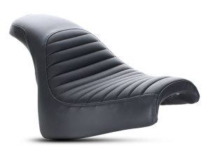 Vintage black motorcycle seat with leather upholstery, ideal for custom cafe racers.