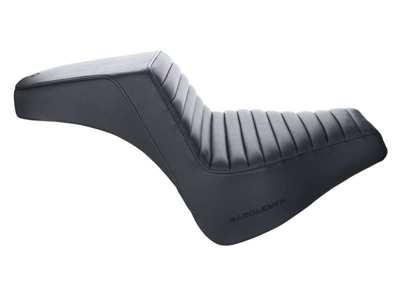 Comfortable black motorcycle seat for Harley Davidson and custom bikes.