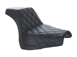 Black quilted motorcycle seat for scenic riding, ideal for custom Revelry Motorcycles.