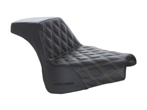 Black quilted motorcycle saddle seat for Revelry Motorcycles, stylish and comfortable.