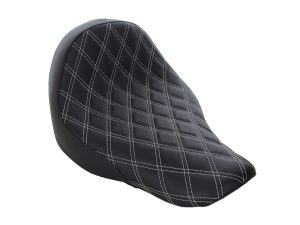 Luxurious black quilted motorcycle seat with white stitching for Revelry Motorcycles.
