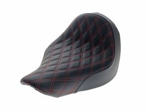 Black quilted motorcycle seat with red stitching for Revelry Motorcycles in Australia.