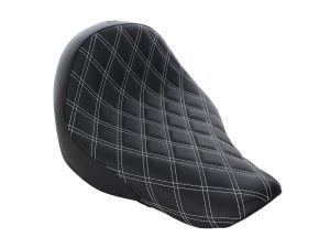 Black motorcycle seat with diamond-stitched leather upholstery, perfect for custom bikes.
