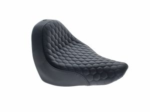 Comfortable black motorcycle seat with honeycomb stitching for cruisers and touring bikes.