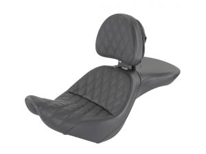 Premium black motorcycle seat with quilted stitching for Revelry Motorcycles.