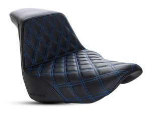High-quality black motorcycle seat with blue stitching, designed for comfort and style.