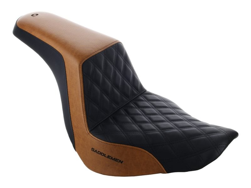 Custom Black & Brown Step-Up LS Dual Seat with Black Double Diamond Lattice Stitch. Fits Sport Glide & Low Rider 2018up Vintage leather motorcycle seat for Revelry Motorcycles, custom cruiser and cafe racer comfort.