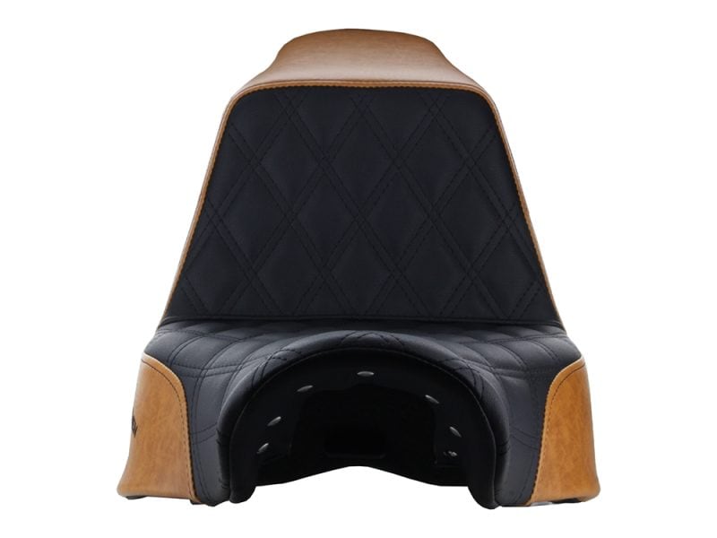 Luxurious black and tan motorcycle seat with quilted leather design for Revelry Motorcycles.