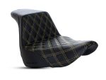 Comfortable black motorcycle seat with yellow stitching for Revelry Motorcycles enthusiasts.