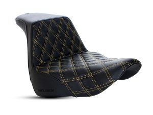 Comfortable black motorcycle seat with yellow stitching for Revelry Motorcycles enthusiasts.