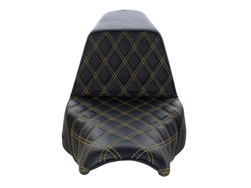 High-quality black motorcycle seat with yellow diamond stitching for motorcycle comfort and style.