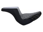 Comfortable black motorcycle saddle with gold stitching, ideal for custom bike builds.