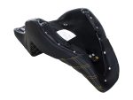Motorcycle seat with black leather and yellow stitching for custom cafe racer bikes.