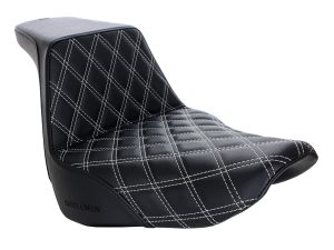 Comfortable motorcycle seat with black leather and diamond stitching, perfect for Revelry Motorcycles.