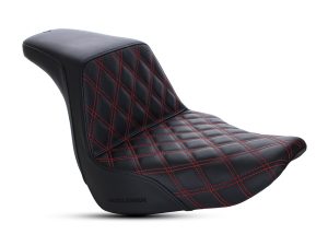 Comfortable black motorcycle seat with red quilting for Revelry Motorcycles.