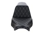 Stylish black motorcycle seat with diamond stitch quilting for Revelry Motorcycles accessories.
