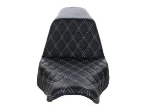 Stylish black motorcycle seat with diamond stitch quilting for Revelry Motorcycles accessories.