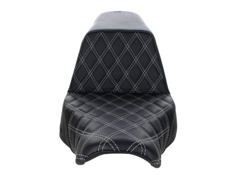 Stylish black motorcycle seat with diamond stitch quilting for Revelry Motorcycles accessories.