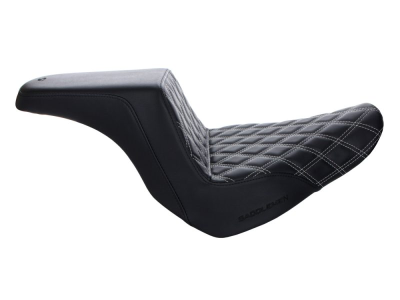 Custom motorcycle seat, leather quilted design for comfort and style. Perfect for Harley Davidson bikes.