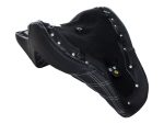 Leather motorbike seat with black quilted stitching for Revelry Motorcycles.