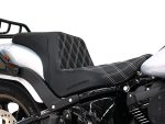 Leather motorcycle seat with diamond stitch detail, perfect for custom Harley Davidson bikes.