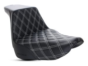 Premium black motorcycle seat with white diamond stitching for Revelry Motorcycles.