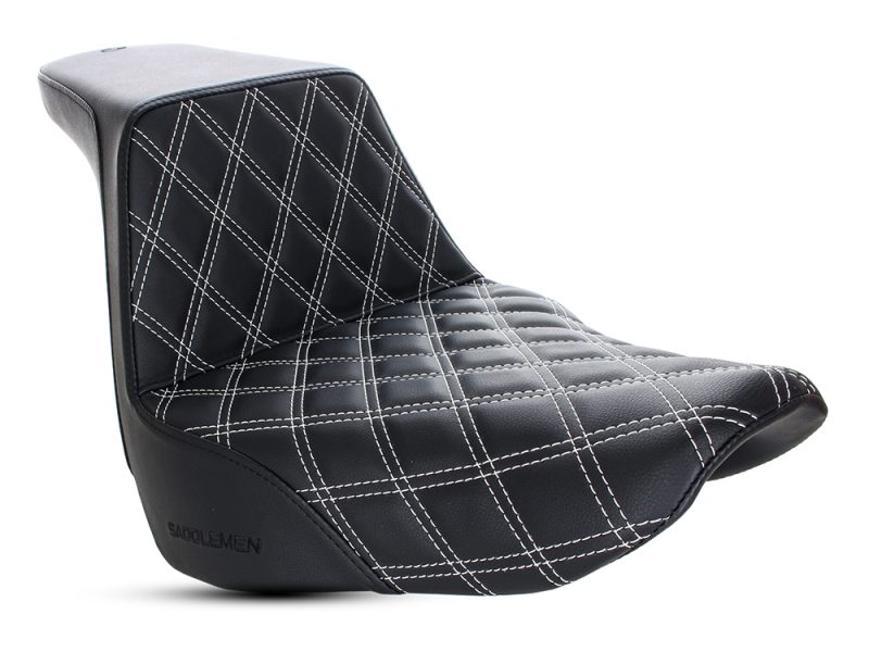 Premium black motorcycle seat with white diamond stitching for Revelry Motorcycles.