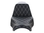 Luxurious black motorcycle seat with white diamond stitching, perfect for custom Revelry Motorcycles.