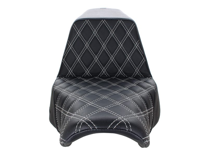 Luxurious black motorcycle seat with white diamond stitching, perfect for custom Revelry Motorcycles.