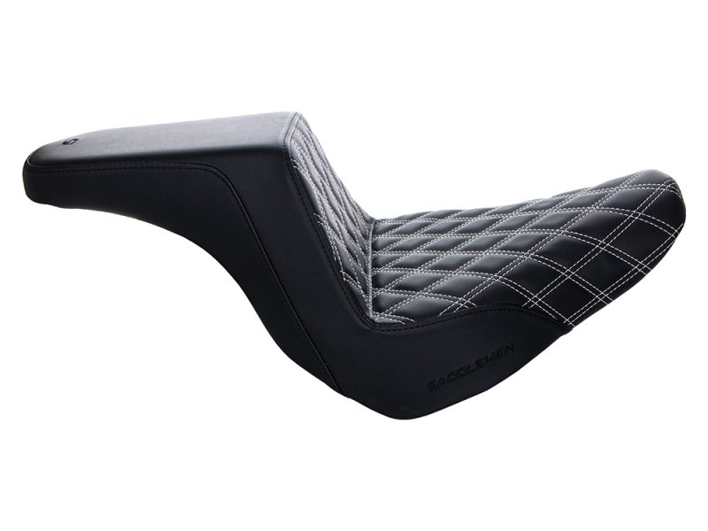 Comfortable black leather motorcycle seat with diamond stitching, ideal for Revarly cycles.