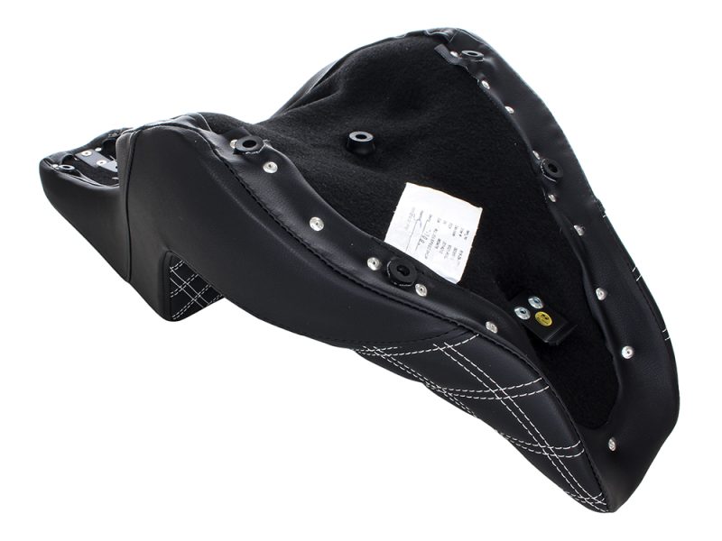 High-quality motorcycle seat with leather and suede for Revelry Motorcycles enthusiasts.