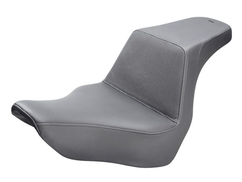 Comfortable grey motorcycle passenger seat with durable upholstery for Revelry Motorcycles.