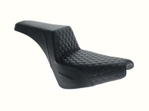 Comfortable black motorcycle seat with honeycomb pattern for Revelry motorcycles Australia.