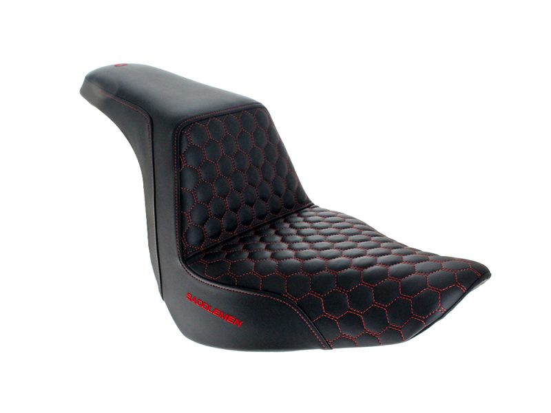 Premium black motorcycle seat with red hexagon stitching for Rebelry Motorcycles enthusiasts.
