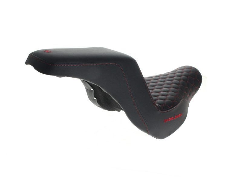 Comfortable black motorcycle seat with red stitching for Revelry motorcycle bikes.