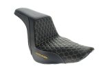 Comfortable black motorcycle seat with yellow hexagonal stitching, designed for Revelry Motorcycles enthusiasts.