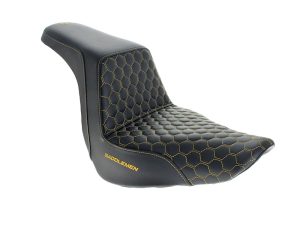 Comfortable black motorcycle seat with yellow hexagonal stitching, designed for Revelry Motorcycles enthusiasts.