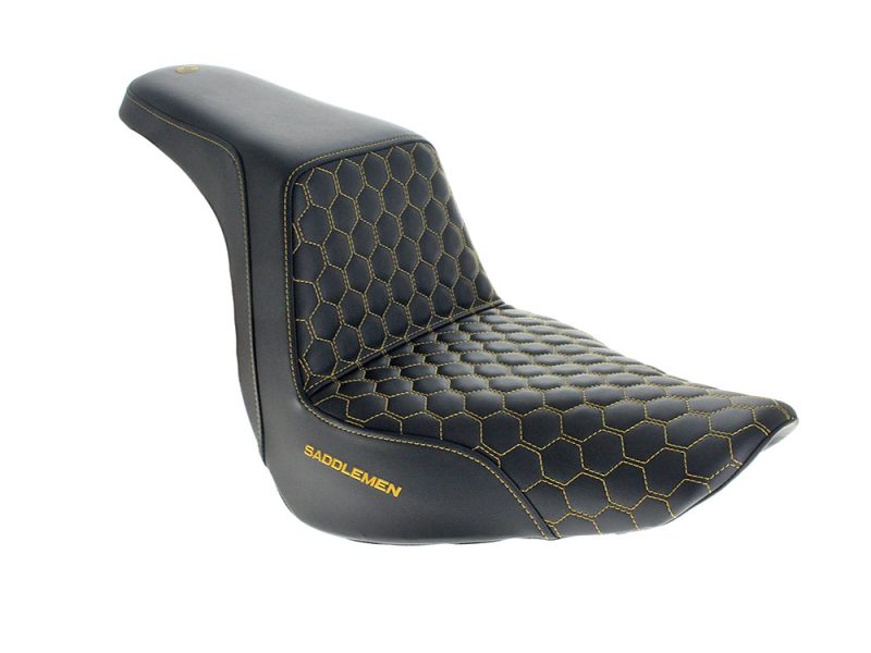 Step-Up HC Dual Seat with Gold Honeycomb Stitch. Fits Sport Glide & Low Rider 2018up Comfortable black motorcycle seat with yellow hexagonal stitching, designed for Revelry Motorcycles enthusiasts.
